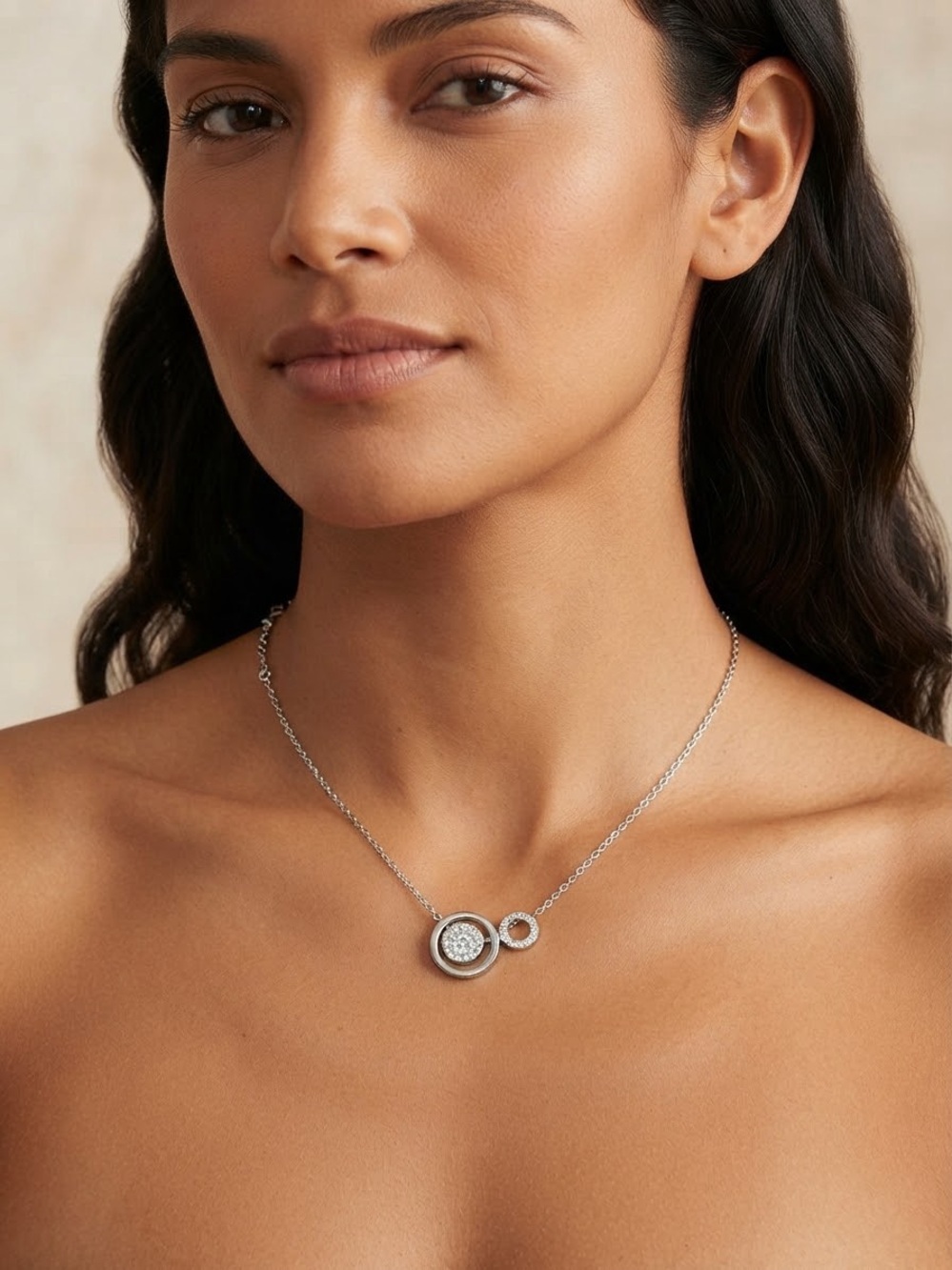 Silver Double Circle Pendant Necklace - Silver